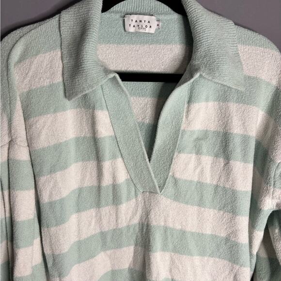 Tanya Taylor Green and White Striped Long Sleeve Sweater V Neck and Collar Sz M - Picture 2 of 7